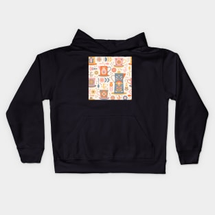 Scandinavian Coffee Break featuring  floral folk art decorated coffee pots and cups in blue, orange, pink and yellow Kids Hoodie